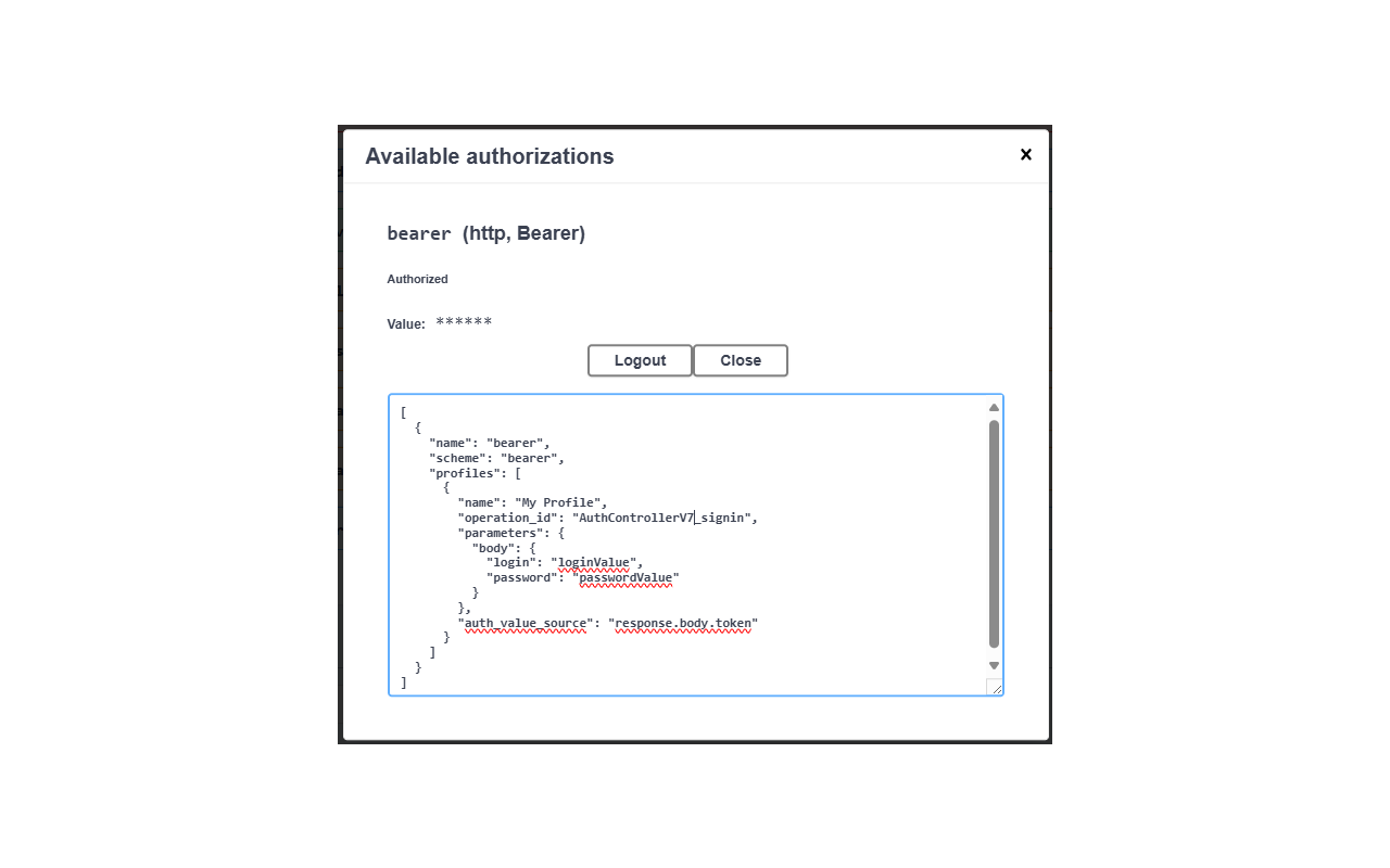 Swagger UI Authorizer profile management modal